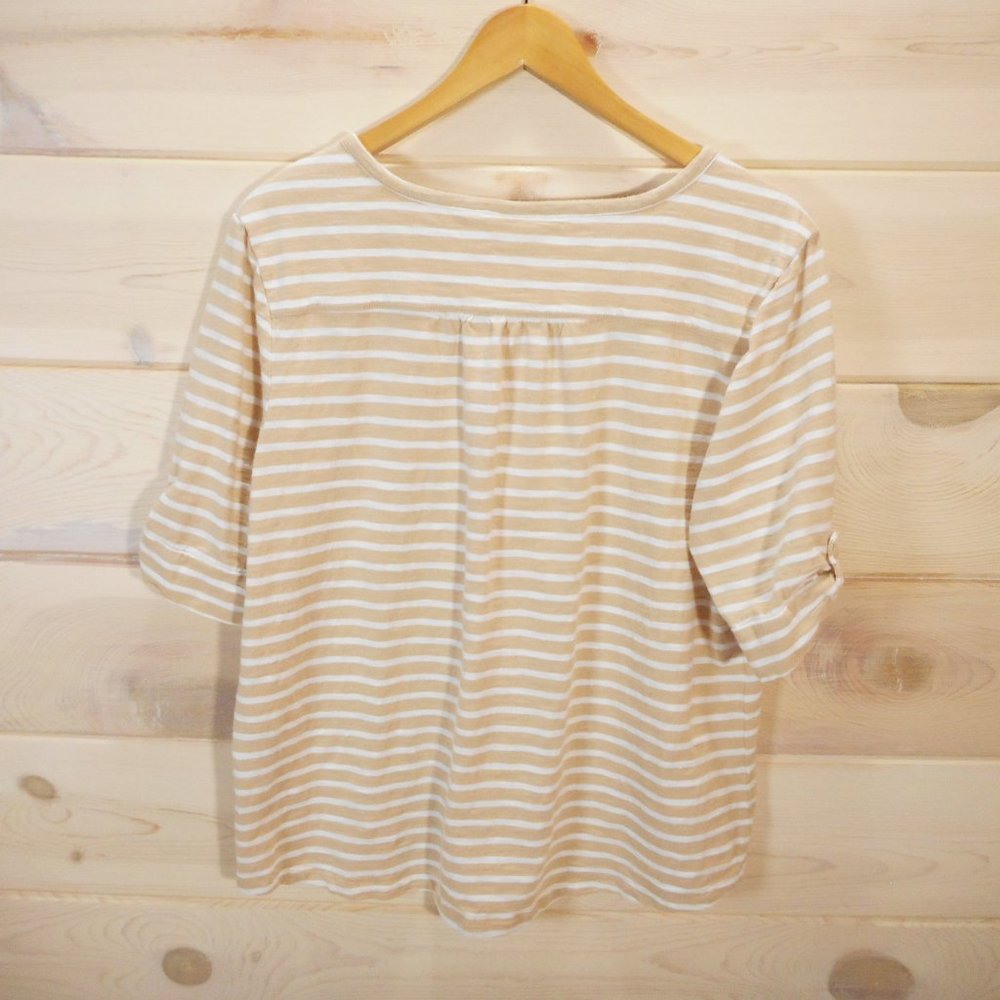 Chicos Size 3 Women's XL Short Sleeve Tee V-neck 3-Button Beige Striped Top - Picture 2 of 5